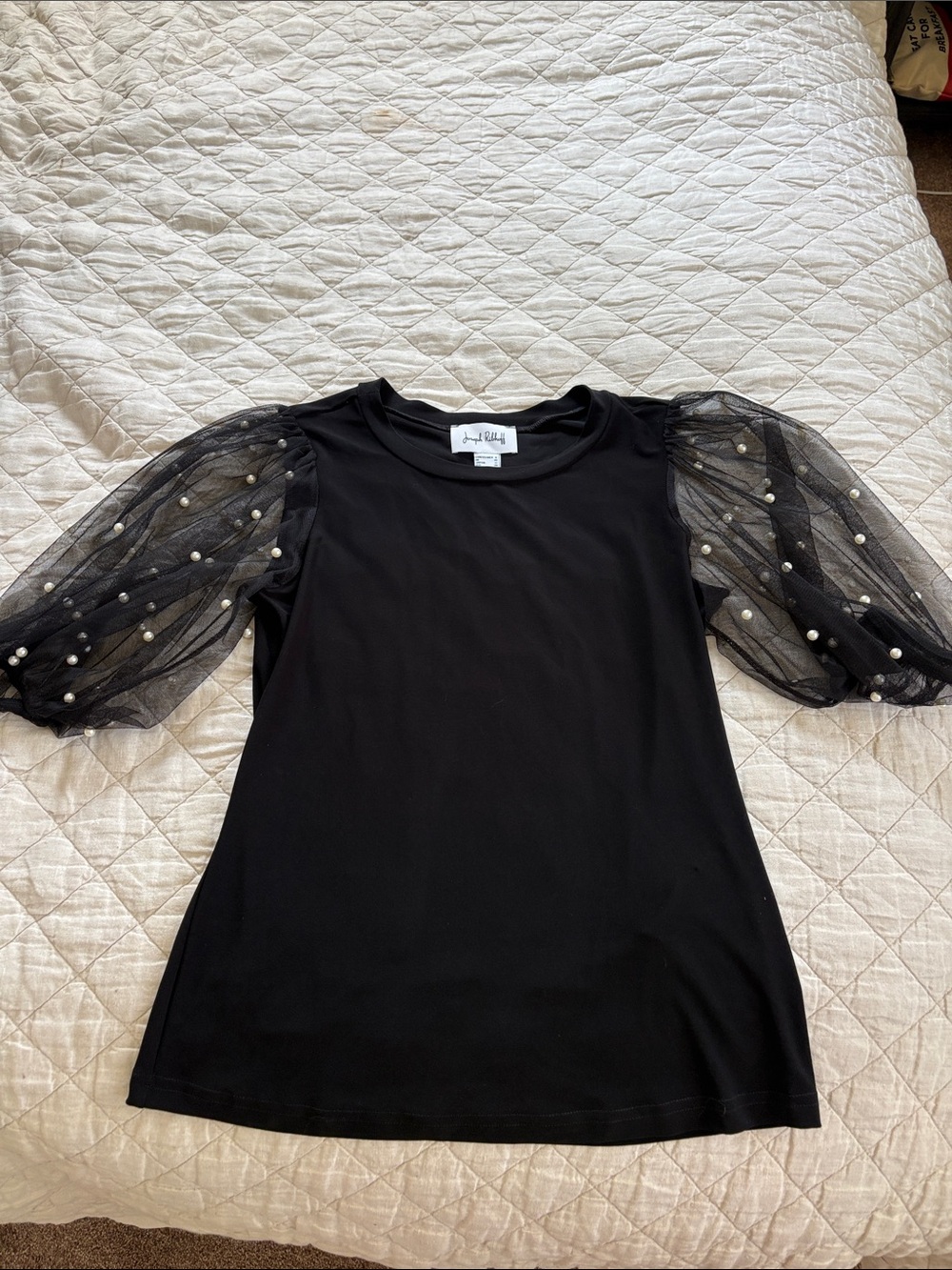 Joseph Ribkoff Black Tee with Sheer Puff Sleeves and Pearl Accents